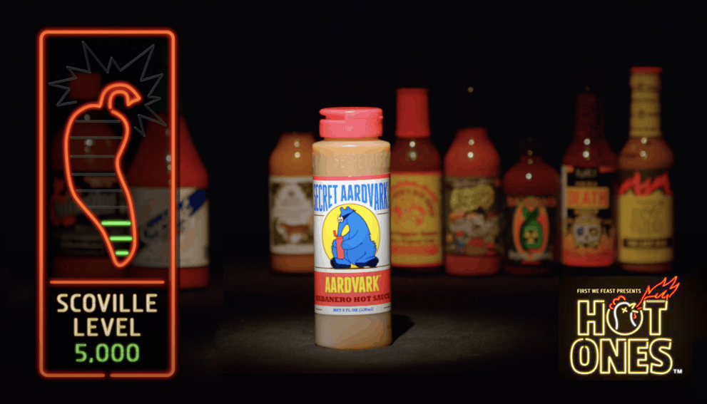 Secret aardvark sauce next to sign saying Hot One and scoville level 5,000