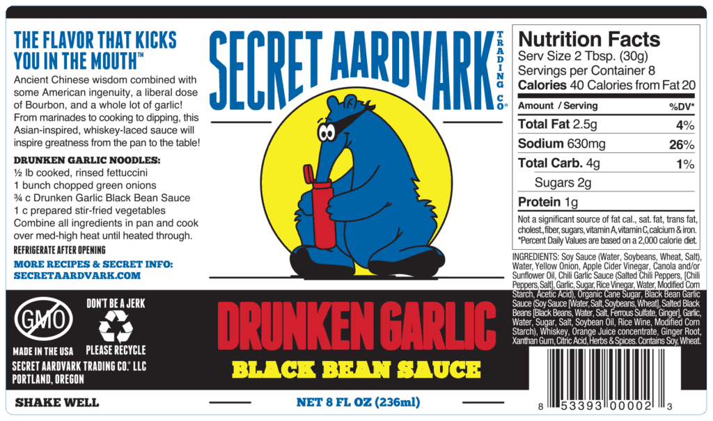 Secret Aardvark Drunken Garlic Black Bean Sauce label
