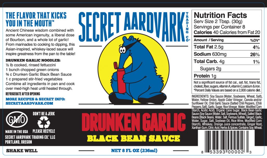 Secret Aardvark Drunken Garlic Black Bean Sauce label