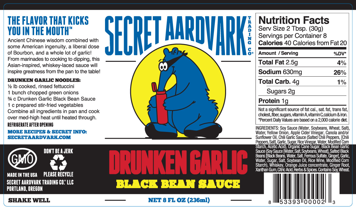 Drunken Garlic Black Bean Sauce, Serving Size: 2 Tbsp Servings Per container: 8 Calories: 40 Calories From Fat: 20 Total Fat: 2.5g (4% daily value) Sodium: 630mg (26% daily value) Total Carbs: 4 grams (1% daily value) Sugars: 2 grams Protein: 1 gram