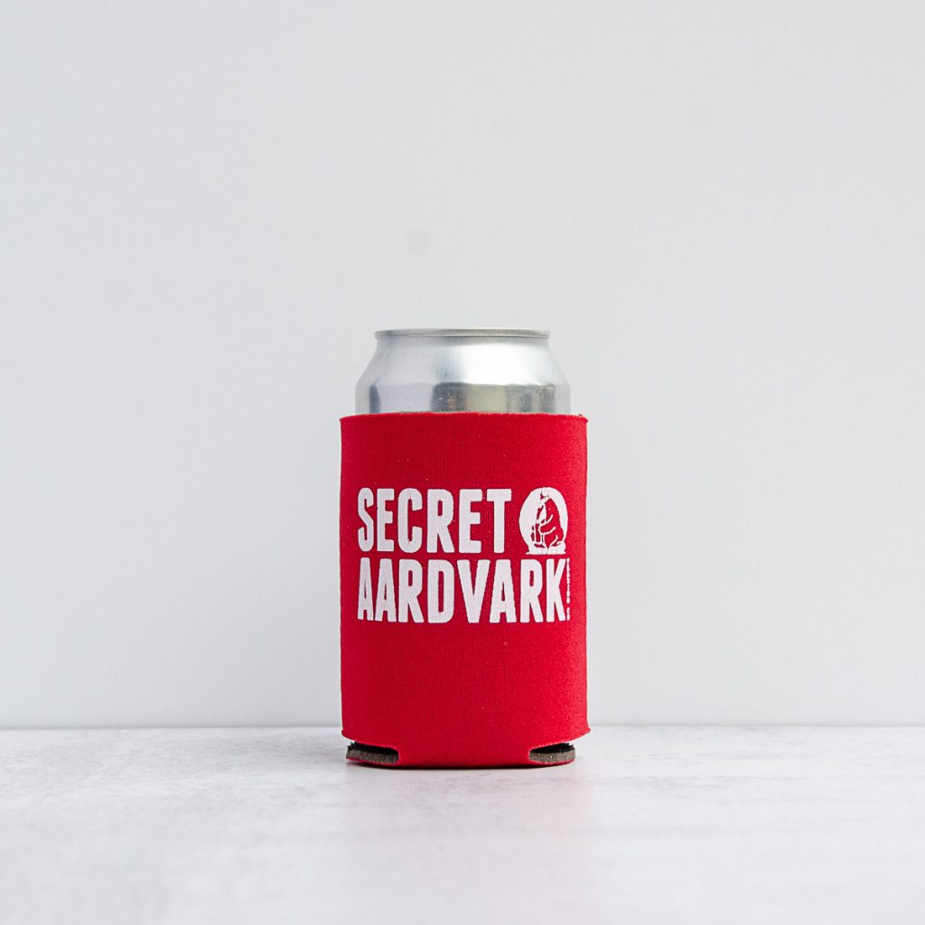 Can of drink in a red secret aardvark koozie