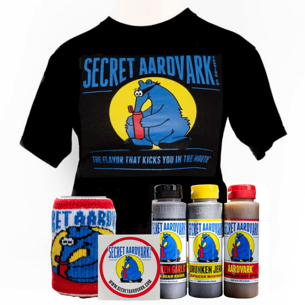 Contents of Super Fan Pack. 1 black Secret Aardvark T-shirt, 1 Secret Aardvark Sticker, 1 Secret Aardvark Sweater Koozie, 1 Bottle of Drunken Garlic Black Bean Sauce, 1 bottle of Drunken Jerk Jamaican Marinade, and 1 bottle of Aardvark Habanero Hot Sauce.