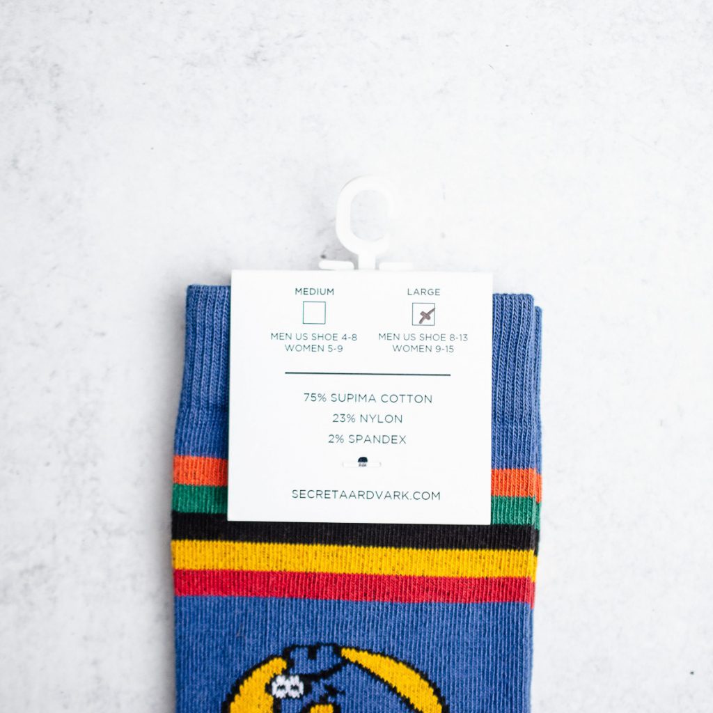 Secret aardvark socks label: Medium: Mens size 4-8, Womens 5-9. Large: Mens 8-13, Womens 9/15. 75% supima cotton, 23% nylon, 2% spandex
