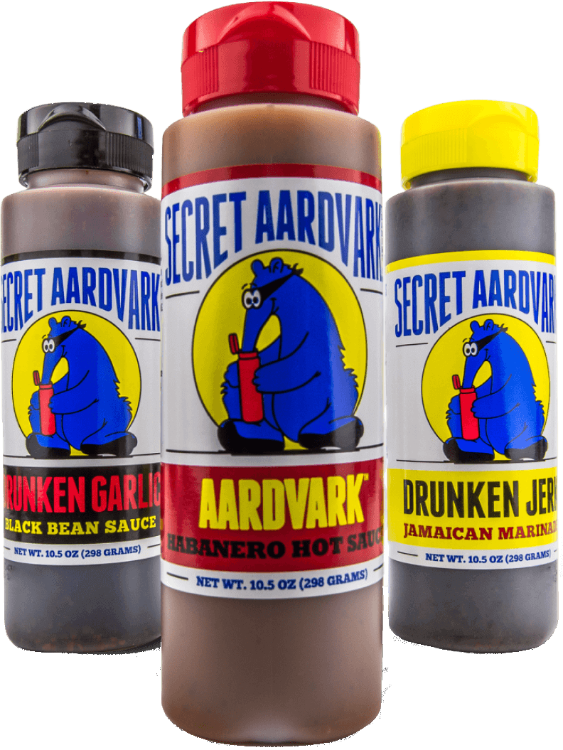 Bottles of Secret Aardvark sauces (Drunken Jerk, Aardvark Habanero, Drunken Garlic)
