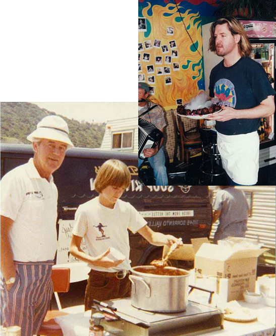 Two photos: People cooking & serving chili; someone carrying food in a restaurant