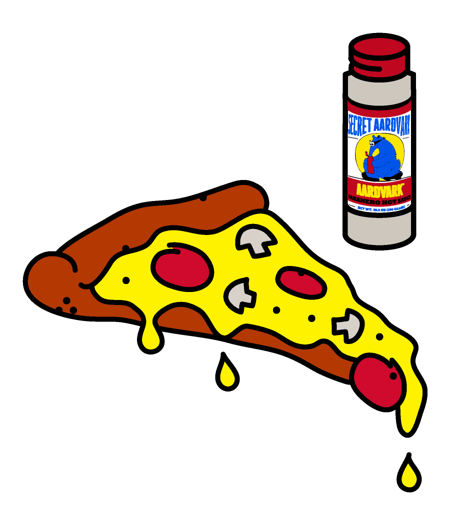 Secret aardvark sauce next to pizza