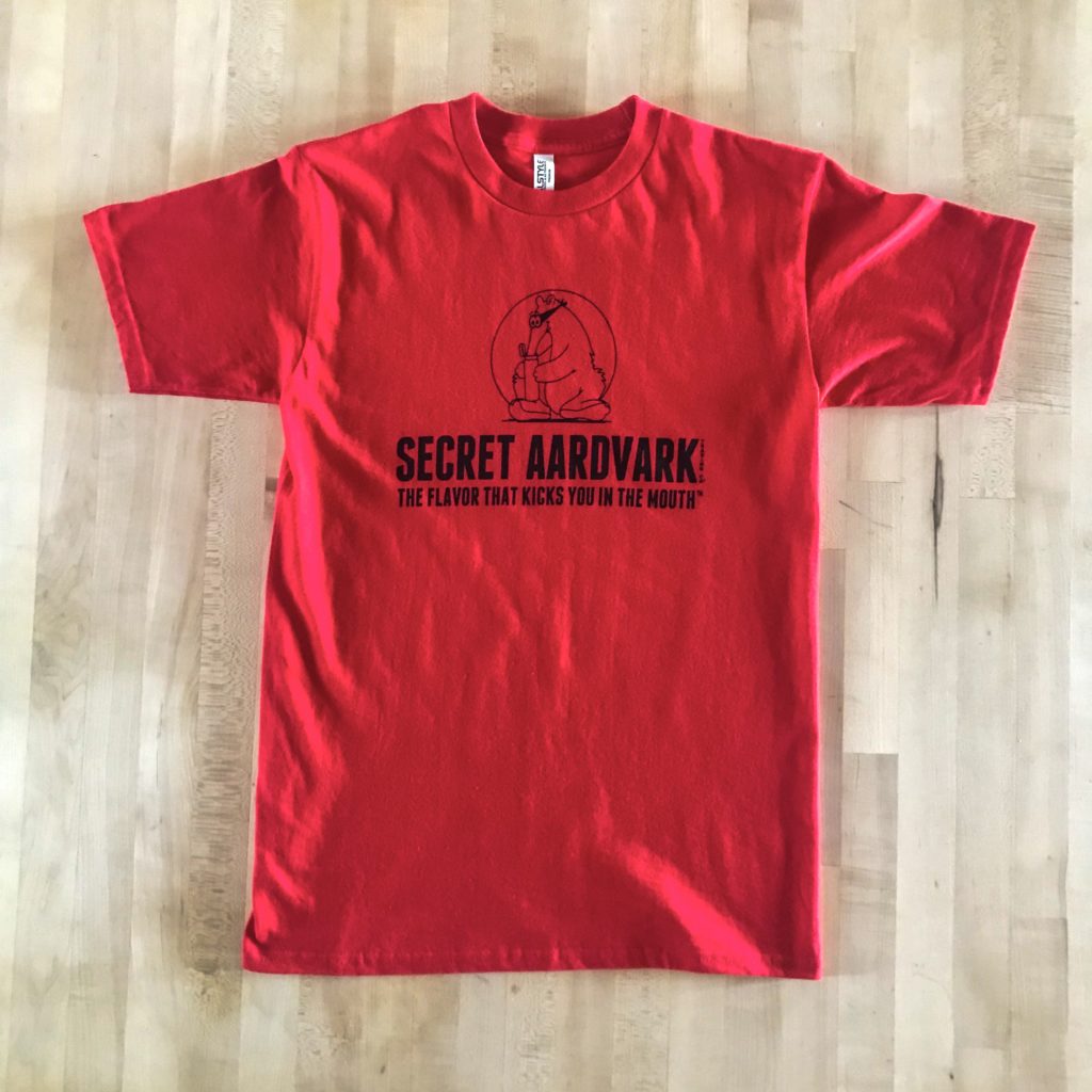 Red Secret Aardvark T-shirt with black Secret Aardvark logo
