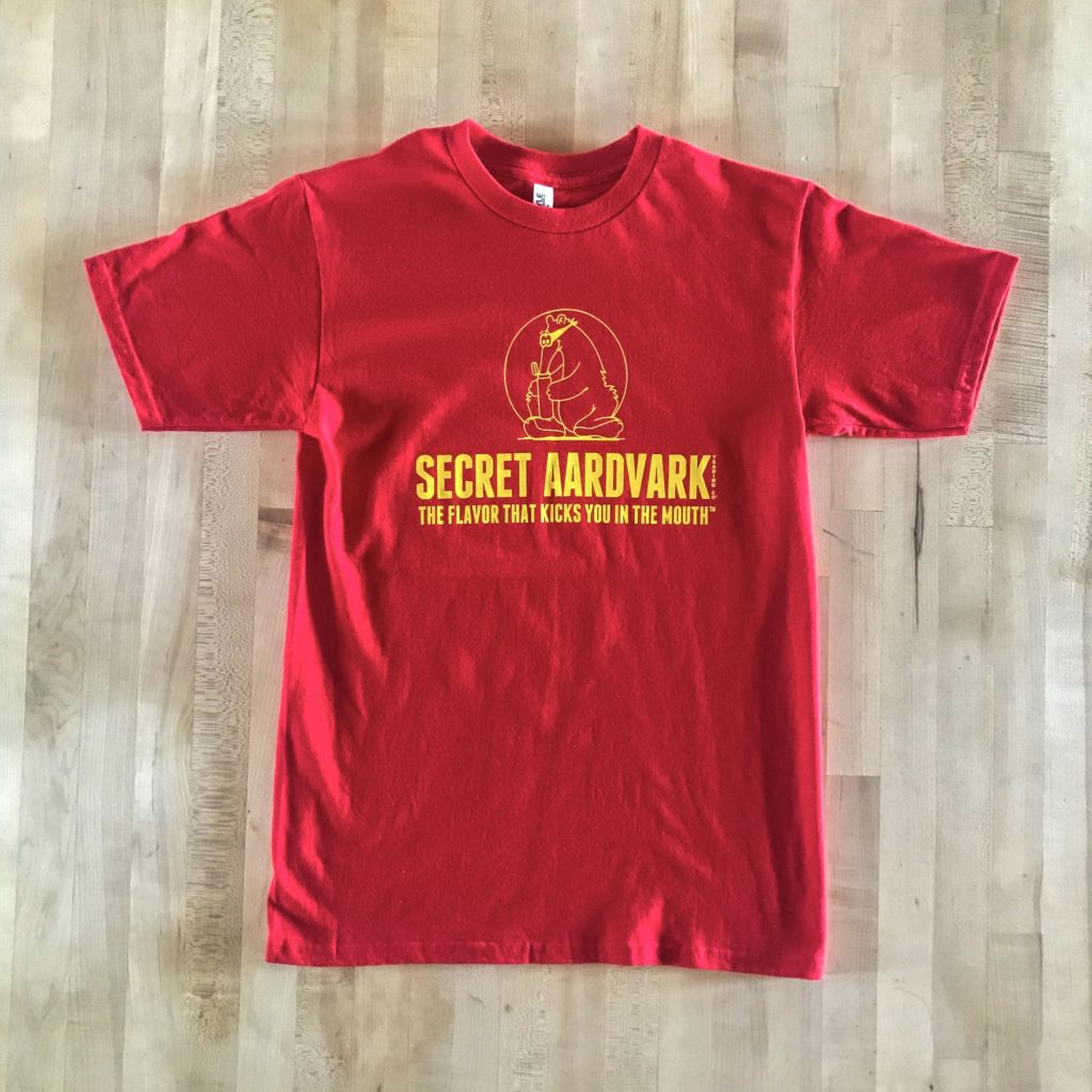 Red Secret Aardvark T-shirt with Yellow Secret Aardvark logo