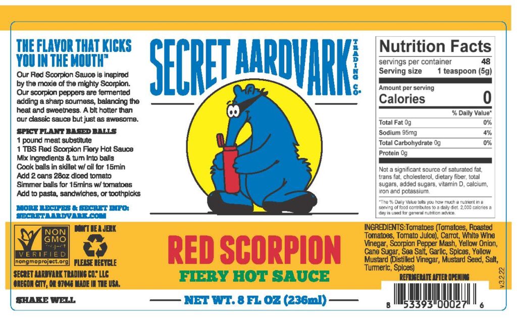 Label for Red Scorpion Fiery Hot Sauce.