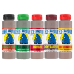 5 bottles of sauce lined up. Red Scorpion, Smoky Aardvark, Aardvark Smoked Reaper, Serrabanero Green Hot Sauce, Aardvark Habanero Hot Sauce.