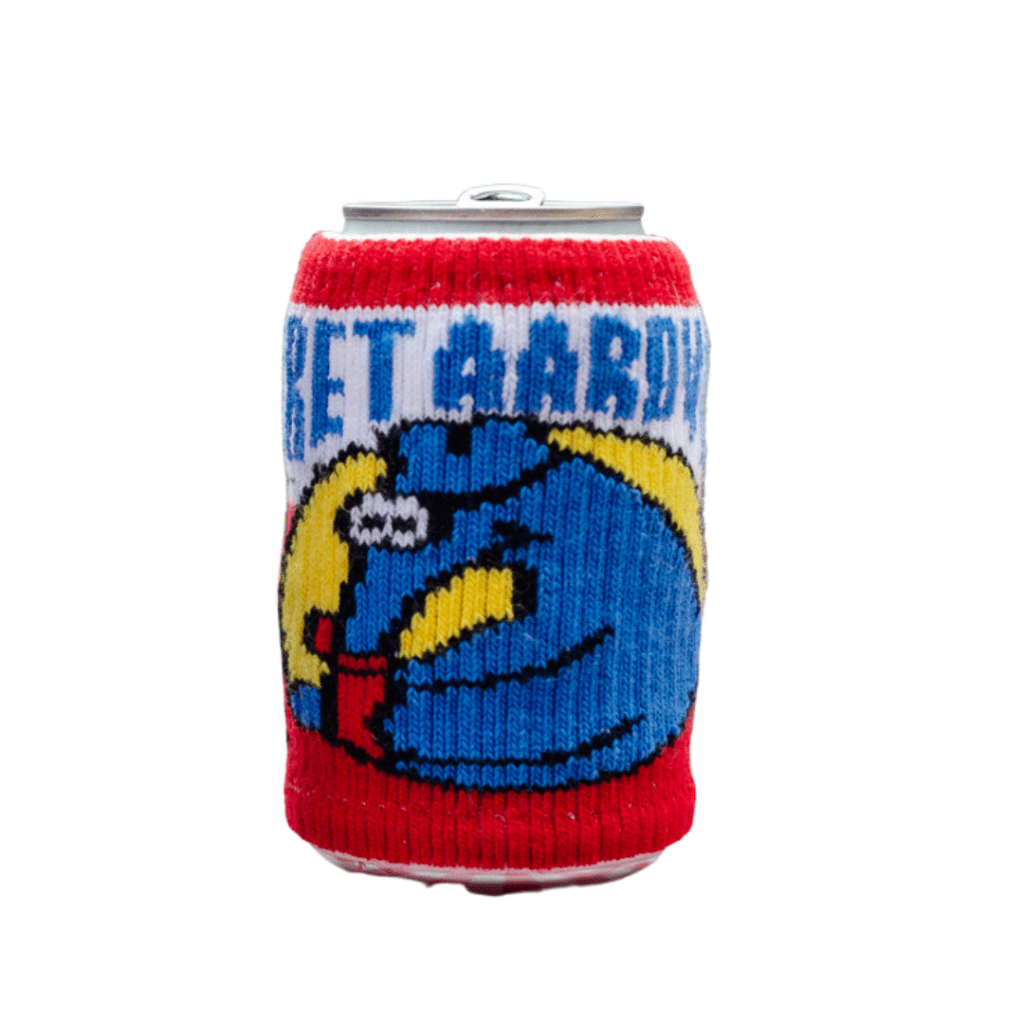a can with a Secret Aardvark Sweater Koozie