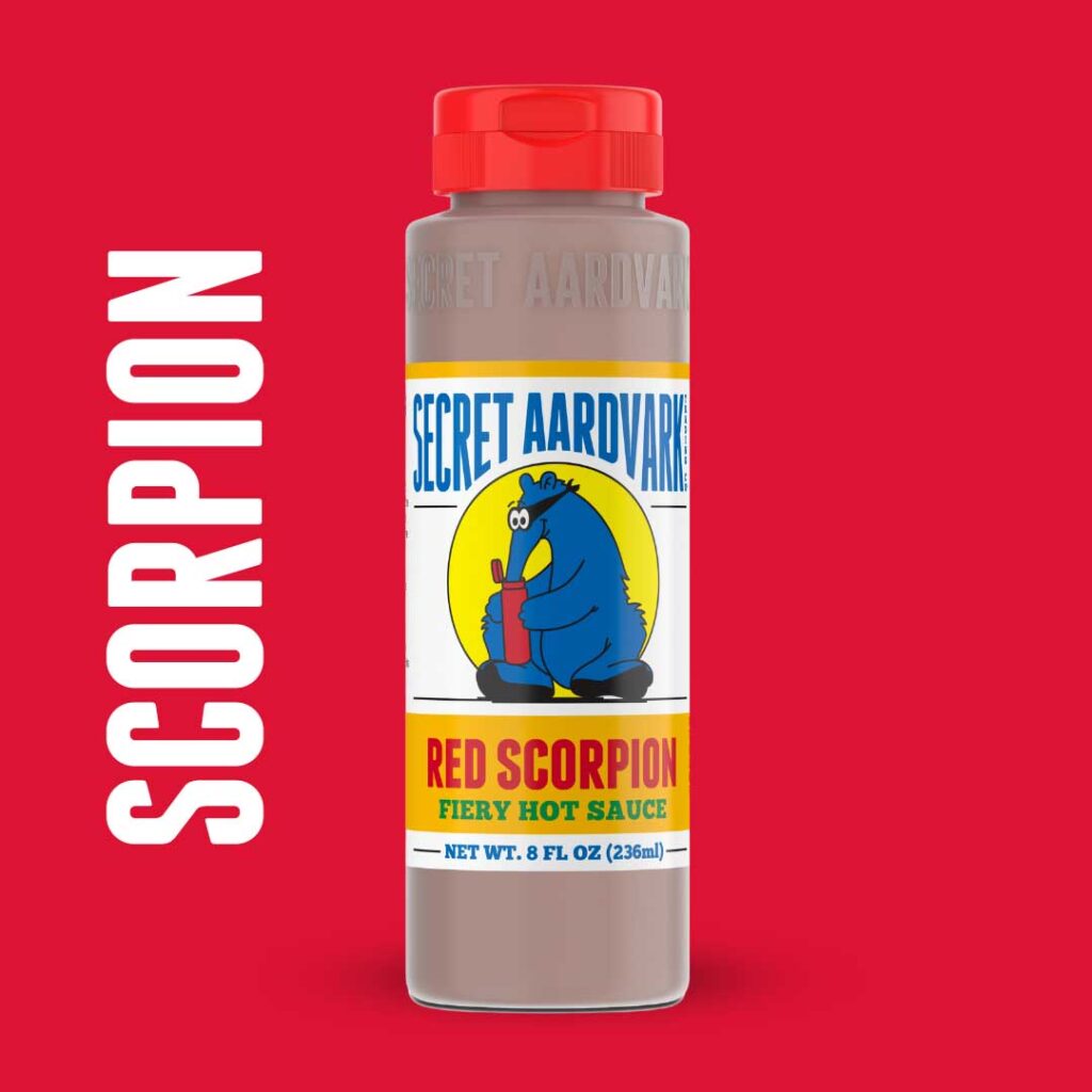 Bottle of Red Scorpion Hot Sauce.