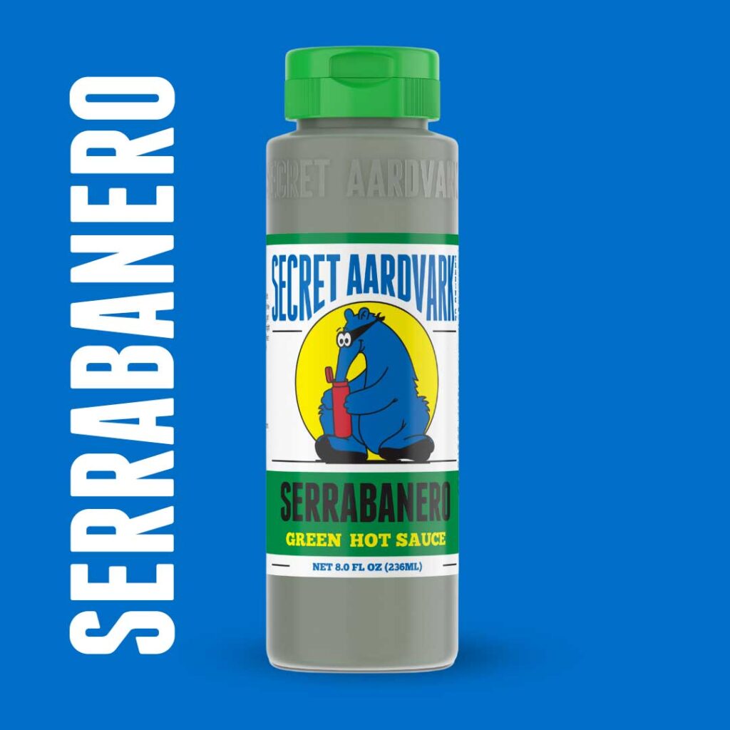 Bottle of Serrabanero Hot Sauce.