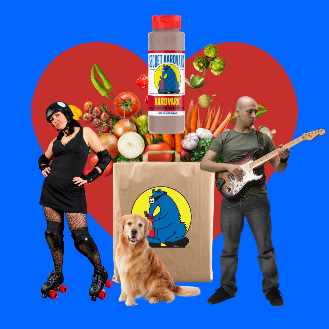 A photo collage of a heart, a roller derby girl, a guitar player, veggies bursting out of a shopping bag and the Secret Aardvark.
