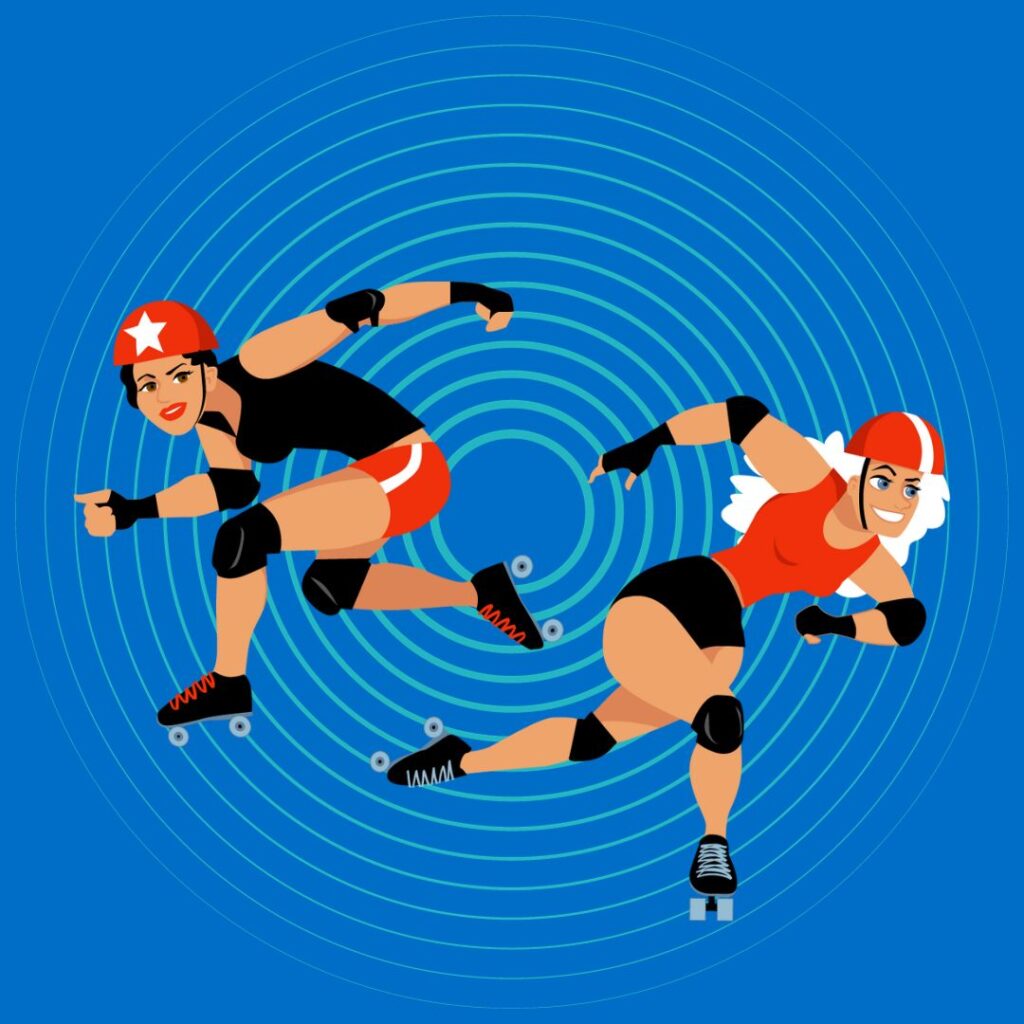 A cartoon image of two roller derby girls.
