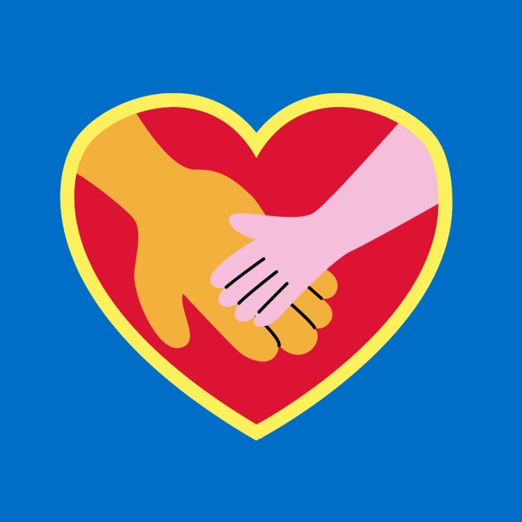 A cartoon of a heart with a large and small hand holding hands in the center 