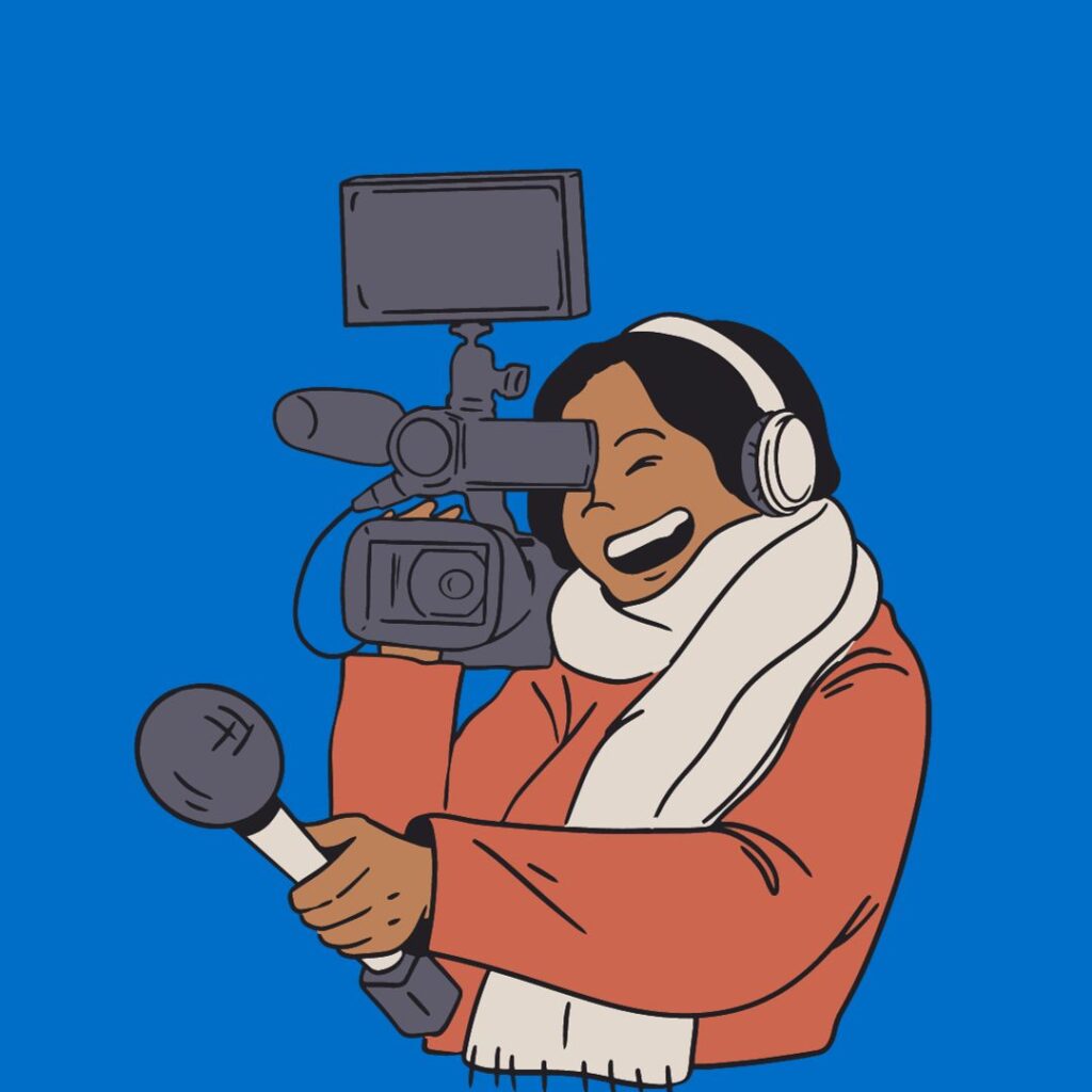 A cartoon of a smiling woman holding a camera. 