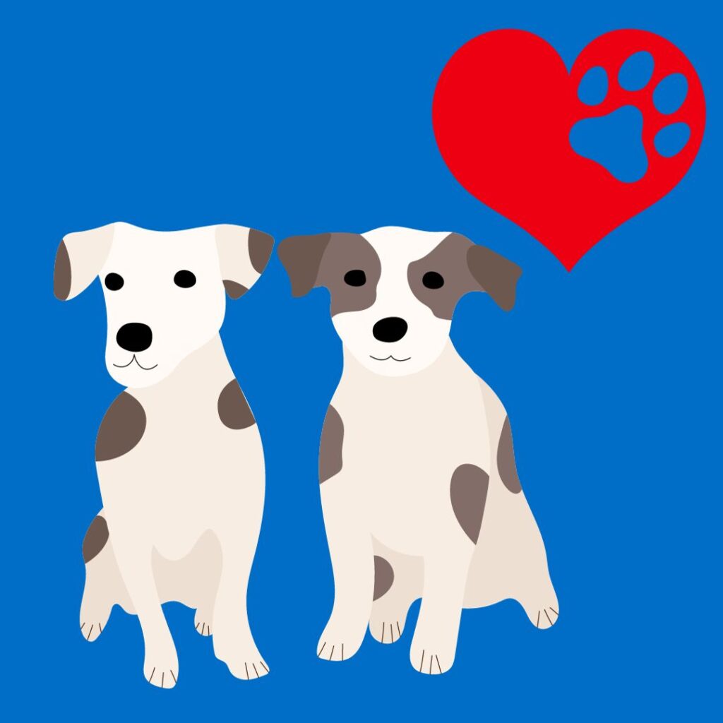 A cartoon of two spotted dogs and a heart with a paw print in it.