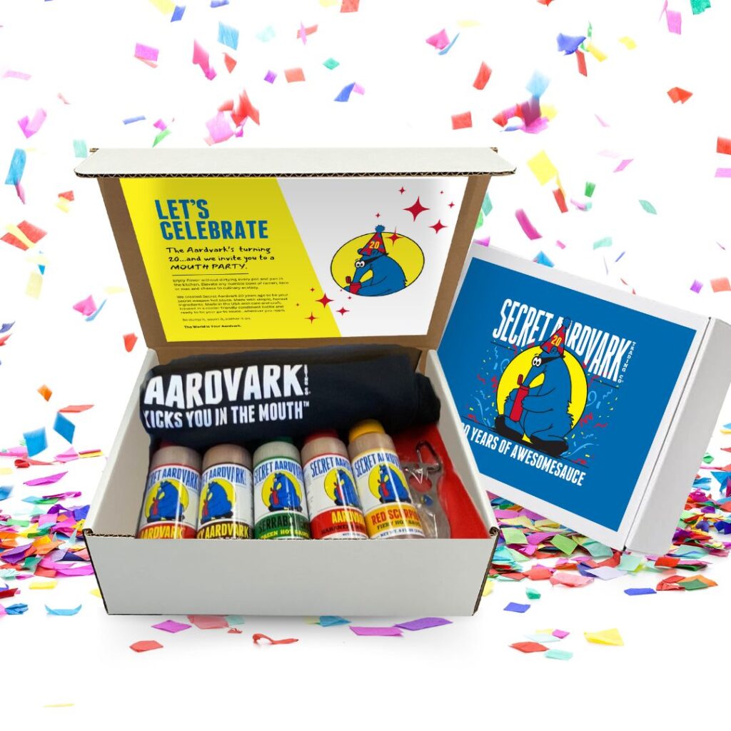Secret Aardvark Prize Pack and contentsincluding 5 bottles of hot sauce and a T-Shirt.