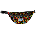 Close up of fanny pack on wait. The pack has secret aardvark's log with peppers and bottles of sauce.