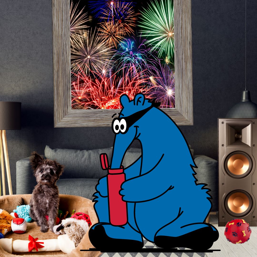 The Secret Aardvark cartoon sitting in a room with a small dog in front of a window with fireworks going off outside