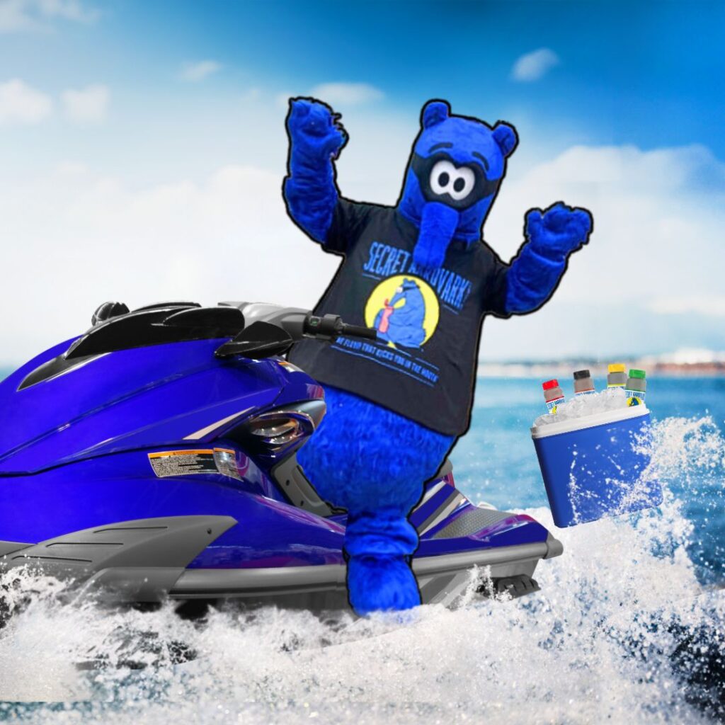 Secret Aardvark's mascot, Scooter, riding a jet ski pulling a cooler full of Aardvark hot sauce.