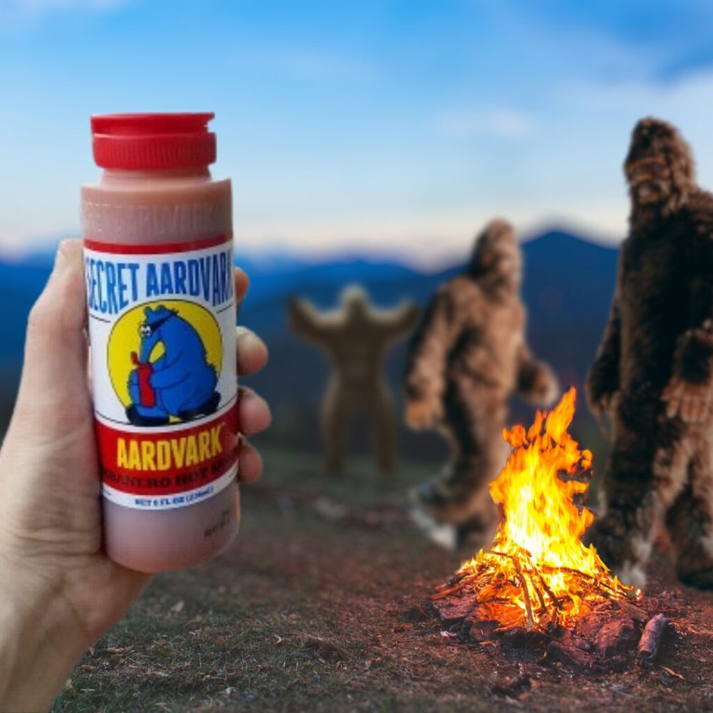 A bottle of Secret Aardvark habanero hot sauce being held out to a group of three sasquatch.