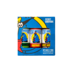 Box of 3-pack gift set. Box is blue with the Aardvark logo and a window cut out showing the three hot sauces: Aardvark Habanero, Serrabanero, and Smoky.