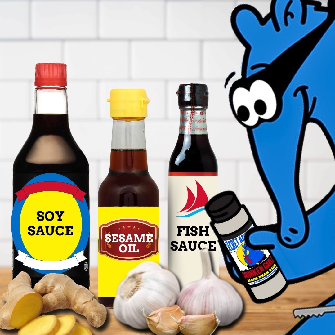 The blue cartoon Aardvark leaning into a line-up of Asian cooking sauces with a bottle of Secret Aardvark Drunken Garlic Black Bean Sauce marinade.