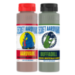Bottle of Aardvark Habanero Hot Sauce and bottle of Buffadill Green Buffalo Sauce