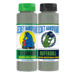 a bottle of Serrabanero Green Hot Sauce and Buffadill Green Buffalo Sauce.